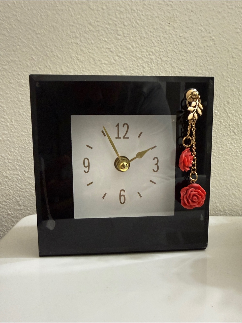 Black and Gold Square Table Clock with Red Rose Charm 5”x5”x1.75”